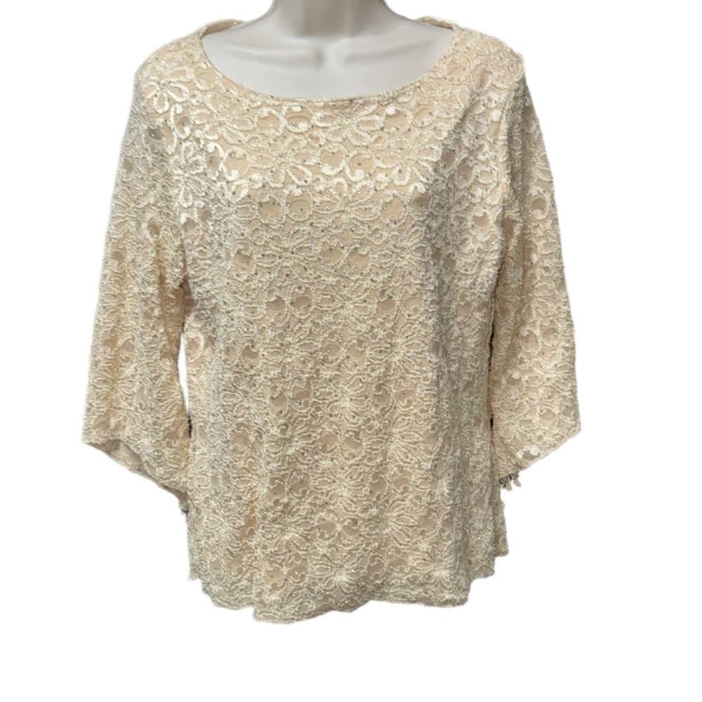 Brittany Black Vintage Elegant Lace Blouse in Cream with rhinestone sparkles